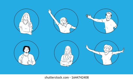 people smiling and waving for avatar/icon/profile picture simple hand drawn design style minimal vector illustration