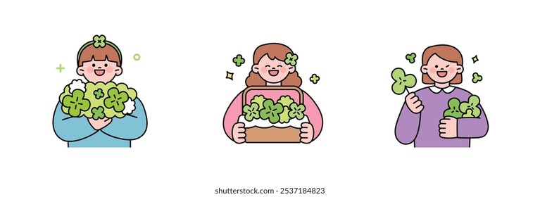 People smiling while holding four-leaf clovers, a lucky item. outline simple vector illustration.