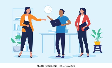 People smiling at work in office - Group of three businesspeople talking, discussing and having conversation and a good time at workplace together. Flat design vector illustration