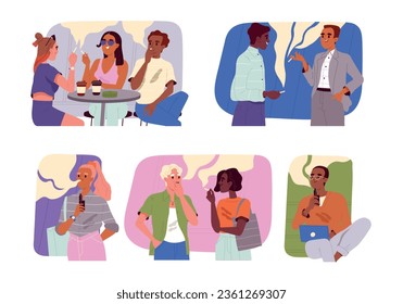 La gente fuma cigarrillos puestos. Personajes fumadores con mal hábito. Hombres y mujeres con vaporizadores y cigarros electrónicos, vasos y tabaco en cafés y al aire libre. Colección vectorial plana de dibujos animados aislada en fondo blanco