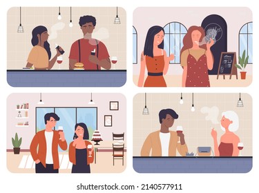 People smoke, drink in bar or cafe set vector illustration. Cartoon friends or couple smokers characters smoking electronic or tobacco cigarettes, happy man woman drinking wine alcohol and talking