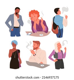 La gente fuma la ilustración vectorial. Hombre de caricatura y mujer fumadora de pie y sentado, colección de fumadores, adictos a la nicotina sosteniendo pañales, cigarrillo aislado en blanco. Concepto de adicción