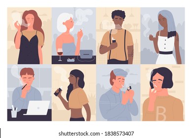 People smoke vector illustration. Cartoon flat young man woman smokers, casual style addicted characters collection of smoking persons, nicotine addicts with cigarette, lighter or vape in hand set