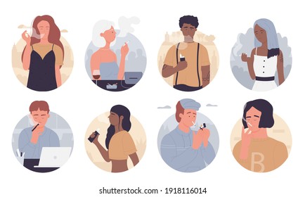 People Smoke Vector Illustration. Cartoon Flat Young Man Woman Smokers, Casual Style Addicted Characters Collection Of Smoking Persons, Nicotine Addicts With Cigarette, Lighter Or Vape In Hand Set