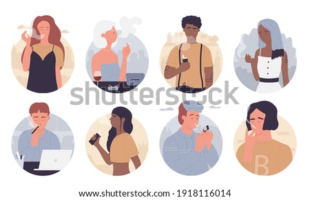 People smoke vector illustration. Cartoon flat young man woman smokers, casual style addicted characters collection of smoking persons, nicotine addicts with cigarette, lighter or vape in hand set