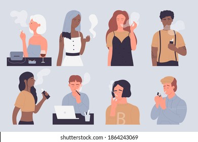 People smoke vector illustration set. Cartoon young man woman smoker addict characters smoking cigarette tobacco or electronic vape at office workplace or bar, unhealthy habit addiction background