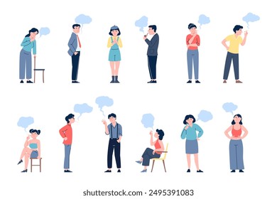 People smoking. Adults teenagers smoke cigarettes, e-cigs, tobacco. Men women smokers, unhealthy addiction, vapes and digital cigarette recent vector set