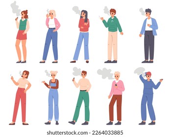 People smoking cigarette and e-cigarette. Electronics smoke, passive smokers and teenagers with vape. Bag habits, air pollution. Healthcare snugly vector set