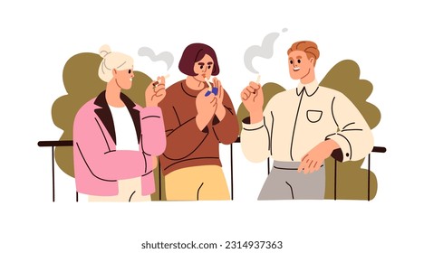 La gente fuma cigarrillos, hablando. Compañeros, oficinistas durante la pausa para fumar. Hombres, mujeres amigas con mal hábito, adicción al tabaco. Ilustración vectorial plana aislada en fondo blanco