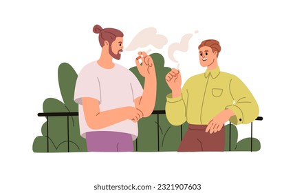 Gente fumando cigarrillos, hablando, hablando, parándose en el balcón durante el descanso. Hombres colegas, empleados amigos fumadores con mal hábito. Ilustración vectorial plana aislada en fondo blanco