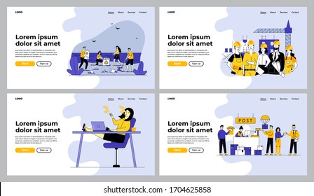 People smoking or collecting trash set. Post office, builders team onsite. Flat vector illustrations. Occupation, lifestyle, professionals concept for banner, website design or landing web page