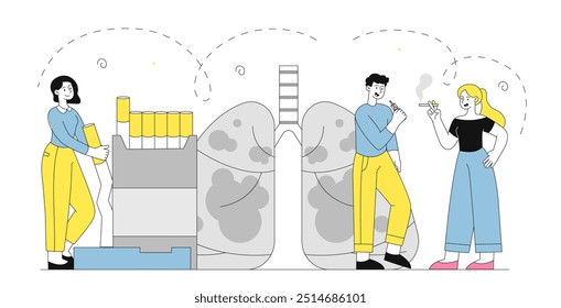 Conceito de tabagismo. Homem e mulher com cigarros e vape perto de pulmões doentes. Estilo de vida insalubre e maus hábitos. Nicotina e tabagismo. Ilustração de vetor linear