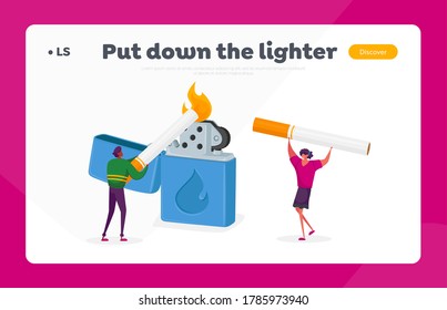 People Smoking Landing Page Template. Tiny Characters Light Cigarette from Huge Burning Lighter, Smoking Addiction. Causing Harm to Health Problem, Cancer and Lung Disease. Cartoon Vector Illustration