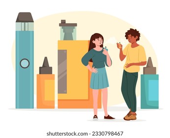 People smoking vape concept. Man and woman with electronic and regular cigarettes stand. Bad habits and unhealthy lifestyle. Nicotine and vapor, smoke. Cartoon flat vector illustration