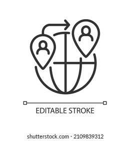 Icono lineal de contrabando de personas. Trata ilegal de seres humanos. Ilustración personalizable de línea delgada. Símbolo de contorno. Dibujo de contorno aislado del vector. Trazo editable. Pixel perfecto. Tipo de letra arial utilizado