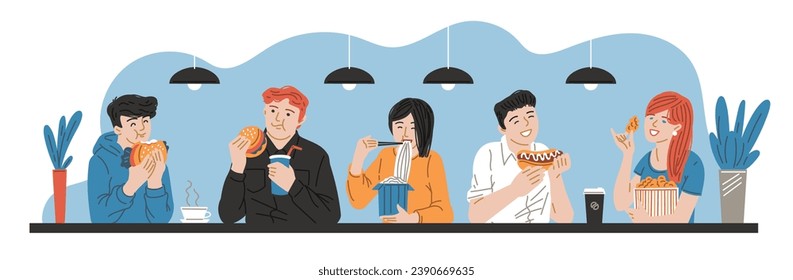 People snacking on fast food, vector illustrations. Young men and women eating pizza, burgers, hot dogs and other tasty meal together. Friends having lunch at the table. Drawing in cartoon flat style