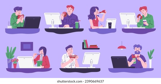 People snacking on fast food at workplaces, set of vector illustrations. Young men and women eating near computers and laptops at their desks. Drawing in cartoon flat style.