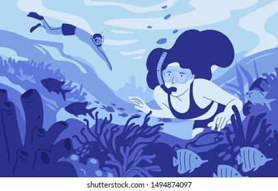 People snorkeling flat vector illustration. Diving summer recreational activity. Water sport, extreme hobby. Man and woman cartoon characters in masks equipment. Professional underwater scuba divers.