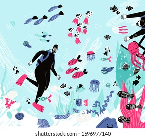 People snorkeling flat vector illustration. Diving summer recreat activity. Water sport, extreme hobby. Man and woman cartoon characters in masks equipment. Professional underwater scuba divers.

