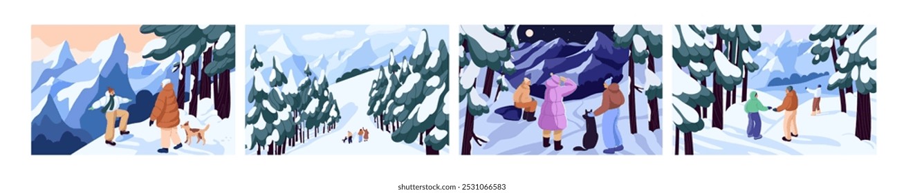 Las Personas están en el bosque nevado. Familia, pareja, amigos caminan juntos en el bosque de invierno. Hombres y mujeres caminando en la montaña en invierno. Paisajes helados con árboles nevados. Ilustraciones vectoriales planas