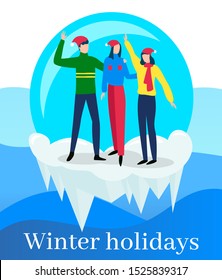 People in snowball glass waving hands and posing vector. Winter holidays celebration. Man and woman wearing santa claus hats and warm clothes standing on icicle and frozen ground flat illustration