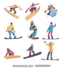 People Snowboarding in Mountains Set, Snowboarders Characters Dressed in Winter Clothing Jumping, Extreme Sport Activities, Winter Vacation Cartoon Style Vector Illustration