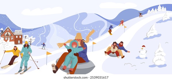 Personas snowboard y paseos en tubing en la estación de esquí. Esquiadores y snowboarders rodando desde la ladera nevada de la montaña. Actividades de deportes de invierno al aire libre. Ilustración vectorial plana de color dibujado a mano illustrati