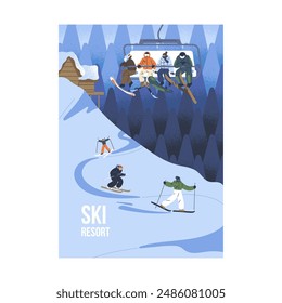 People snowboarding, skiing on mountain. Group of skiers lifts on cable cars, funicular to alpine rock. Holidays in winter resort. Snow vacation outdoors. Sport tourism. Flat vector illustration