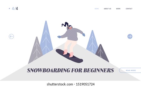 People Snowboarding Website Landing Page. Snowboard Woman Rider Character Having Fun and Winter Mountain Sports Activity. Ski Resort Sport Spare Time Web Page Banner. Vector Illustration