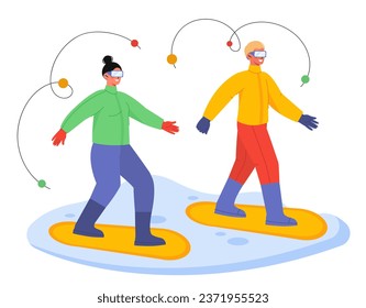 People at snowboards concept. Man and woman at board with snow. Young couple at winter scene and cold weather. Active lifestyle and extreme sports. Cartoon flat vector illustration