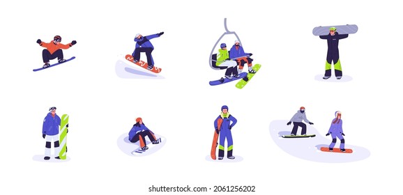 Gente con snowboard set. Adultos y niños felices snowboard. Hombres y mujeres jóvenes activos con tablas de nieve. Alegre snowboard en invierno. Ilustración vectorial plana aislada en fondo blanco