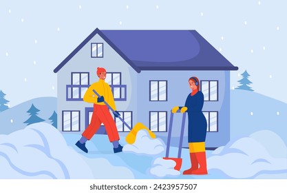 People with snowfall concept. Man and woman with snowcapes near builing and house. Young guy and girl clean streets in winter season and cold weather. Cartoon flat vector illustration