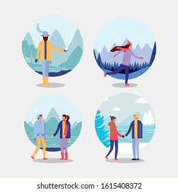people in snowscape practicing activities vector illustration design