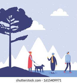 people in snowscape practicing activities vector illustration design