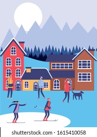 people in snowscape practicing activities vector illustration design