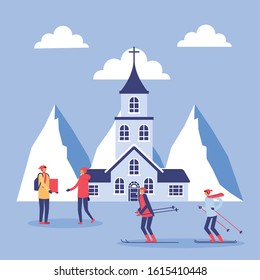 people in snowscape practicing activities vector illustration design