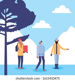 people in snowscape practicing activities vector illustration design