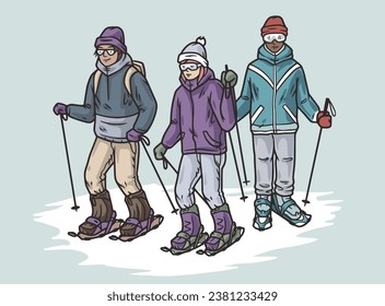 Gente con raquetas de nieve sobre una montaña nevada. Nieve en las montañas invernales. Senderismo deportivo en invierno o deporte de invierno para la estación de esquí.