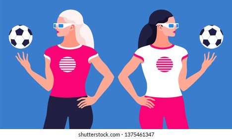 People with soccer ball, two female characters, blonde and brunette. Fitness coach, fitness instructor, physical education teacher or football fan girl. Vector illustration