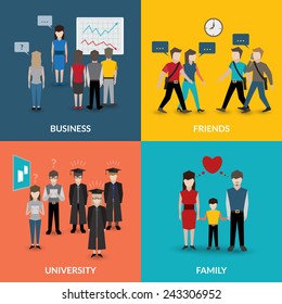 People Social Behavior Communication Patterns Four Flat Icons Composition For University Business Family Home Situation Vector Illustration