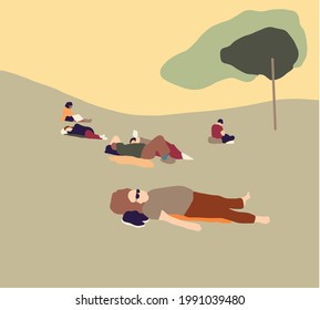 People social distancing in the city park relaxing safely outdoors, coronavirus covid-19 prevention. Flat vector hand drawn concept outdoor recreation.