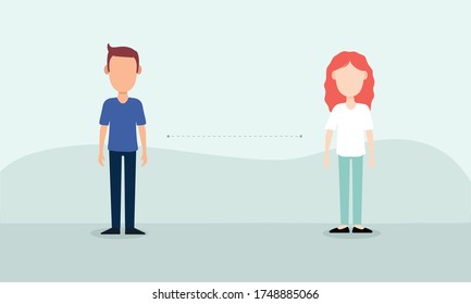 People social distancing concept for coronavirus COVID-19. Man and woman distance. Vector flat people illustration.