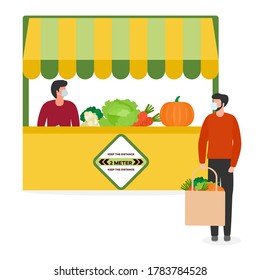 People Social distancing. Market Selling vegetables.  Social distance, new normal concept and with physical distancing.  New behavior after COVID-19 coronavirus pandemic. Vector illustration