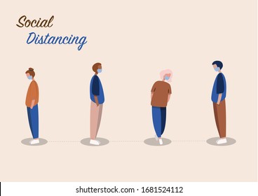 People social distancing in public, line up with space between to prevent from COVID-19 coronavirus outbreak spreading concept, avoid social contact. Vector Illustration