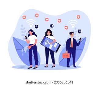 People with social media addiction vector illustration. Frustrated users holding smartphones, liking posts and chatting on app without break. Social media addiction, technology concept