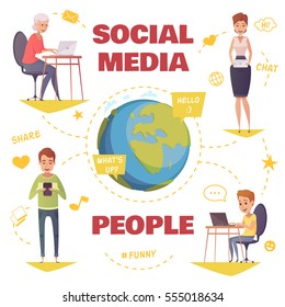 People in social media design concept with young and old persons communicating by different gadgets flat vector illustration  