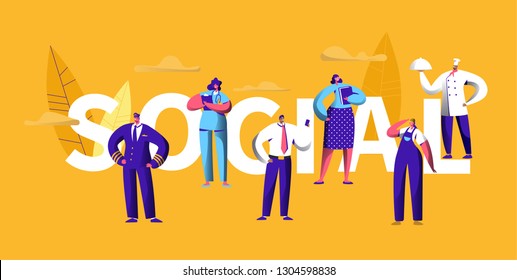 People Social Media Different Career Occupation Typography Banner. Professional Chef Profile Character. Person Job Networking Advertising Horizontal Poster Design Flat Cartoon Vector Illustration