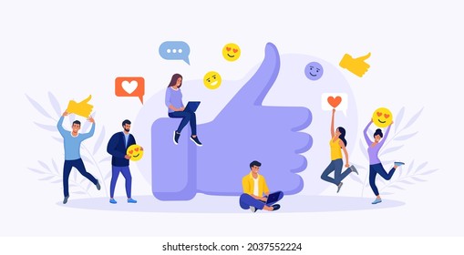 People with Social Media Icons Standing around Big Thumb Up. Male and Female Followers Gives Likes and Positive Feedback. Customer Review Rating. Internet Marketing, SMM in Business. Vector design