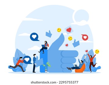 People With Social Media Icons Standing Around Big Thumb Up. Male and female followers giving likes on social media. Customer Review Rating. Internet Marketing, SMM in Business. Vector illustration.