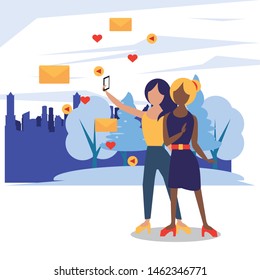 People and social media and network, women friends taking a selfie with smartphone at city